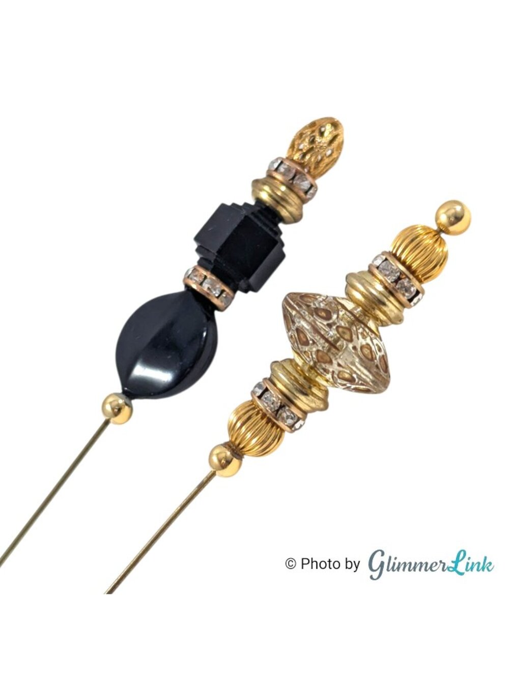Vintage Style Gold Tone Beaded Hat Pin Pair Black Clear Rhinestone